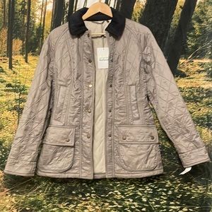 NWT $295 Barbour Beadnell Polarquilt Plaid-Trim Utility Coat size 4 taupe/pearl